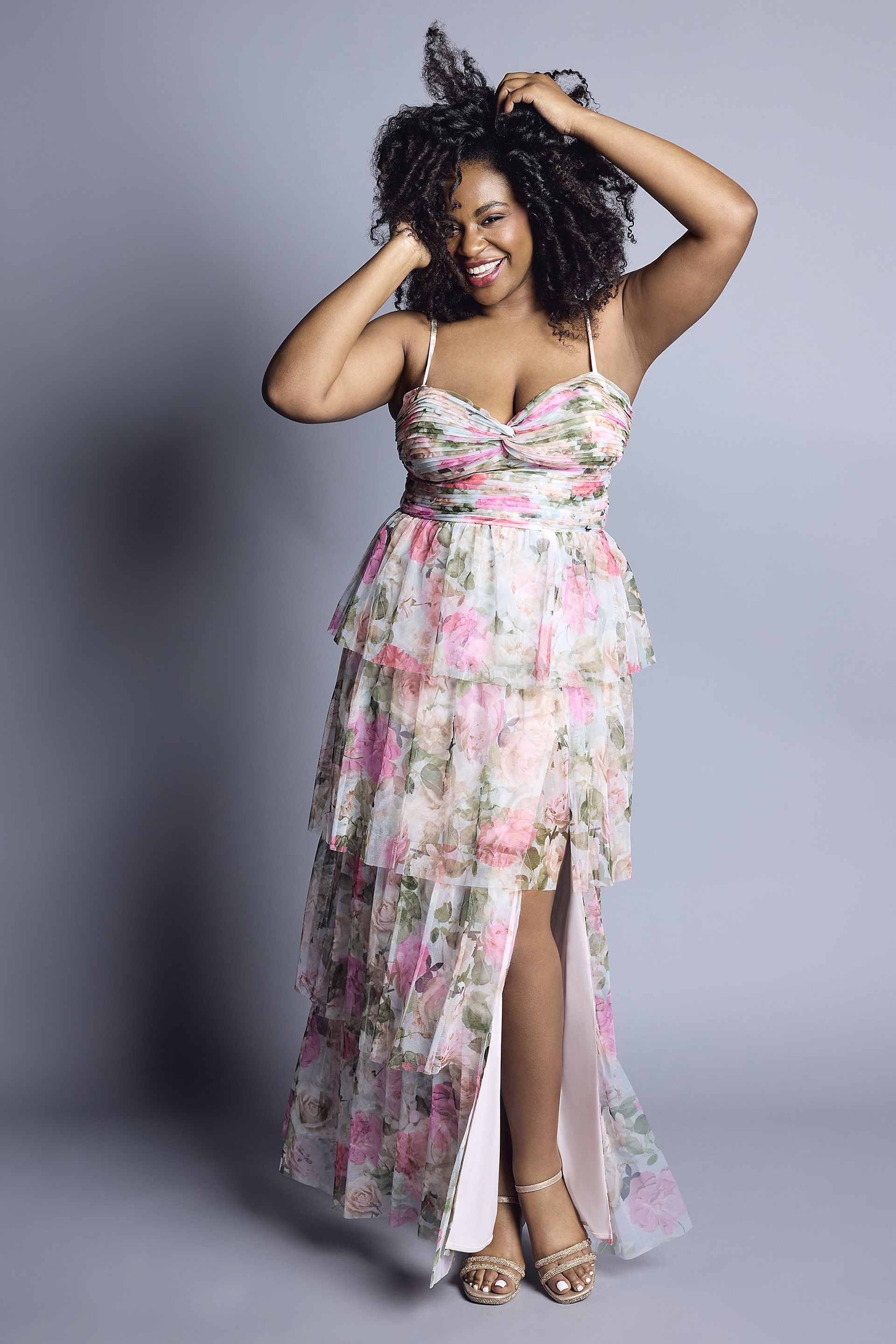 Blondie Nites Floral Print Tiered Dress With Lace-Up Back in Multi Size: 12 David's Bridal