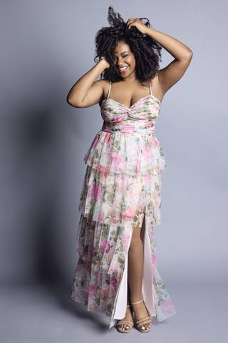 Picture of Floral Print Tiered Dress with Lace-Up Back