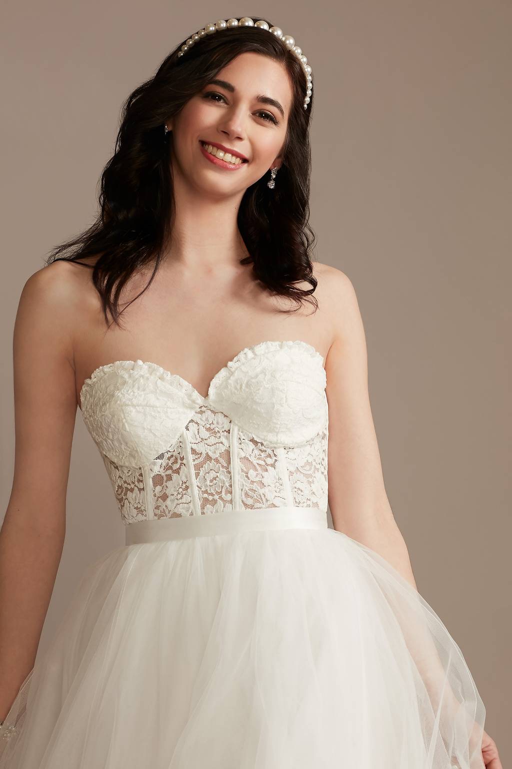 corset tops for wedding dresses Bodice Spaghetti Straps A Line Lace Dress Bridal Gown US12 / Custom Color featuring a meticulously designed pleated skirt that cascades gracefully to the floor Corset Top High-Low Tulle Wedding