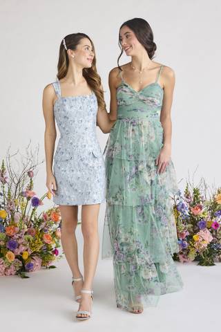 View Blondie Nites Floral Print Mesh Tiered A-Line Dress in all available color and sizes Picture of Floral Print Mesh Tiered A-Line Dress