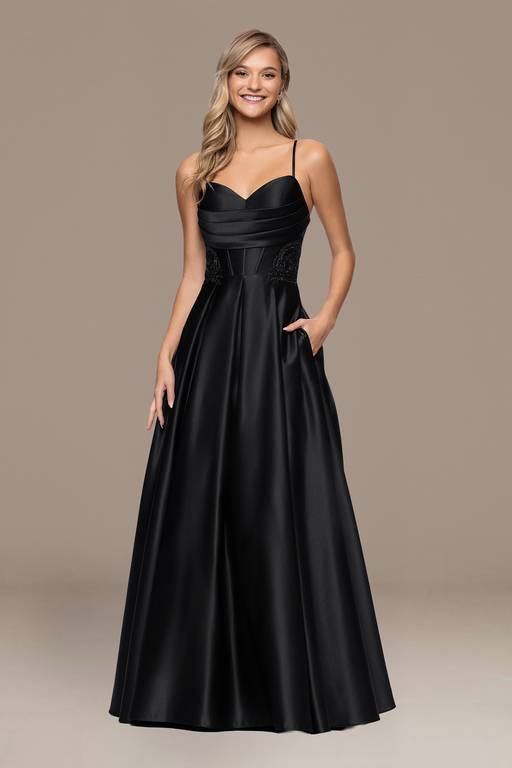 shape black applique corset satin wrap bodycon dress Stacie Satin Corset Wrap Formal Dress