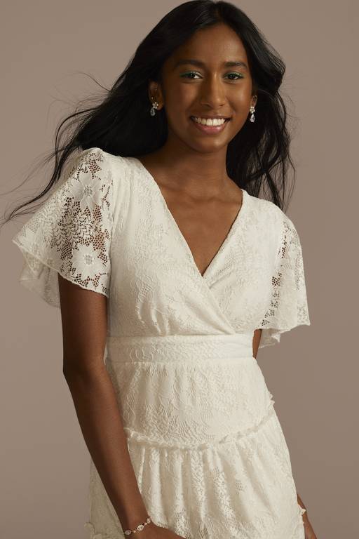short flutter sleeve dresses Eyelet Flutter Sleeve Mini Pocket Dress