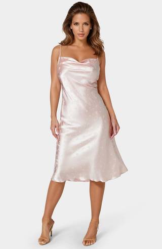 View Bebe Satin Jacquard Midi Slip Dress in all available color and sizes Picture of Satin Jacquard Midi Slip Dress