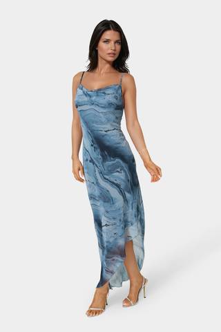 View Bebe Printed Chiffon Cowl Maxi Dress in all available color and sizes Picture of Printed Chiffon Cowl Maxi Dress