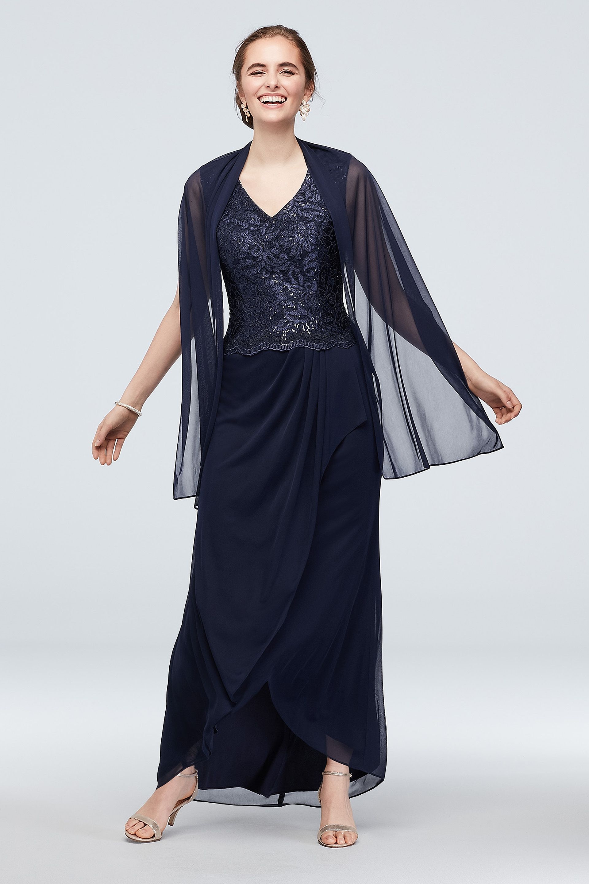 Picture of Lace Bodice and Mesh Ruched Skirt Gown with Wrap