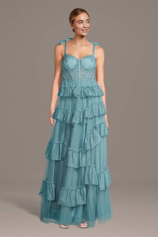 a line tiered dress Sherri Hill A-line Tiered Ruffle Bow Sleeve Prom Dress 57215 Light Blue / 4