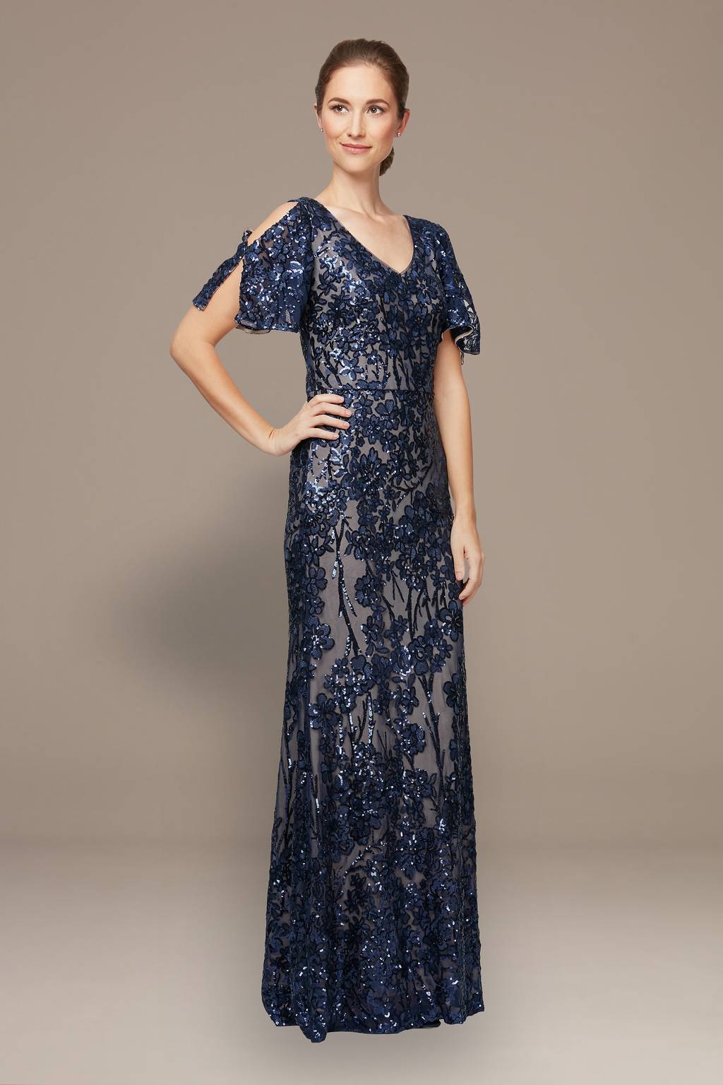 sequin v neck dress with flutter sleeves Long Sequin Embellished Flutter Sleeve Faux Wrap V Neck Tiered Plus Si The Dress Outlet