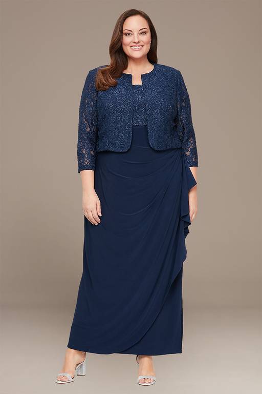 plus size lace dress and jacket Floral Lace Dress with Sheer Chiffon Jacket & Pearl Neckline
