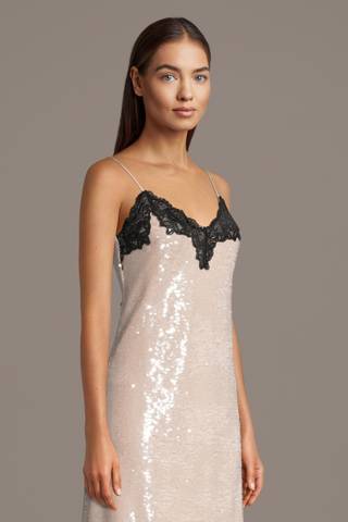 View City Triangles Sequin Mesh Slip Dress with Lace Trim in all available color and sizes Picture of Sequin Mesh Slip Dress with Lace Trim
