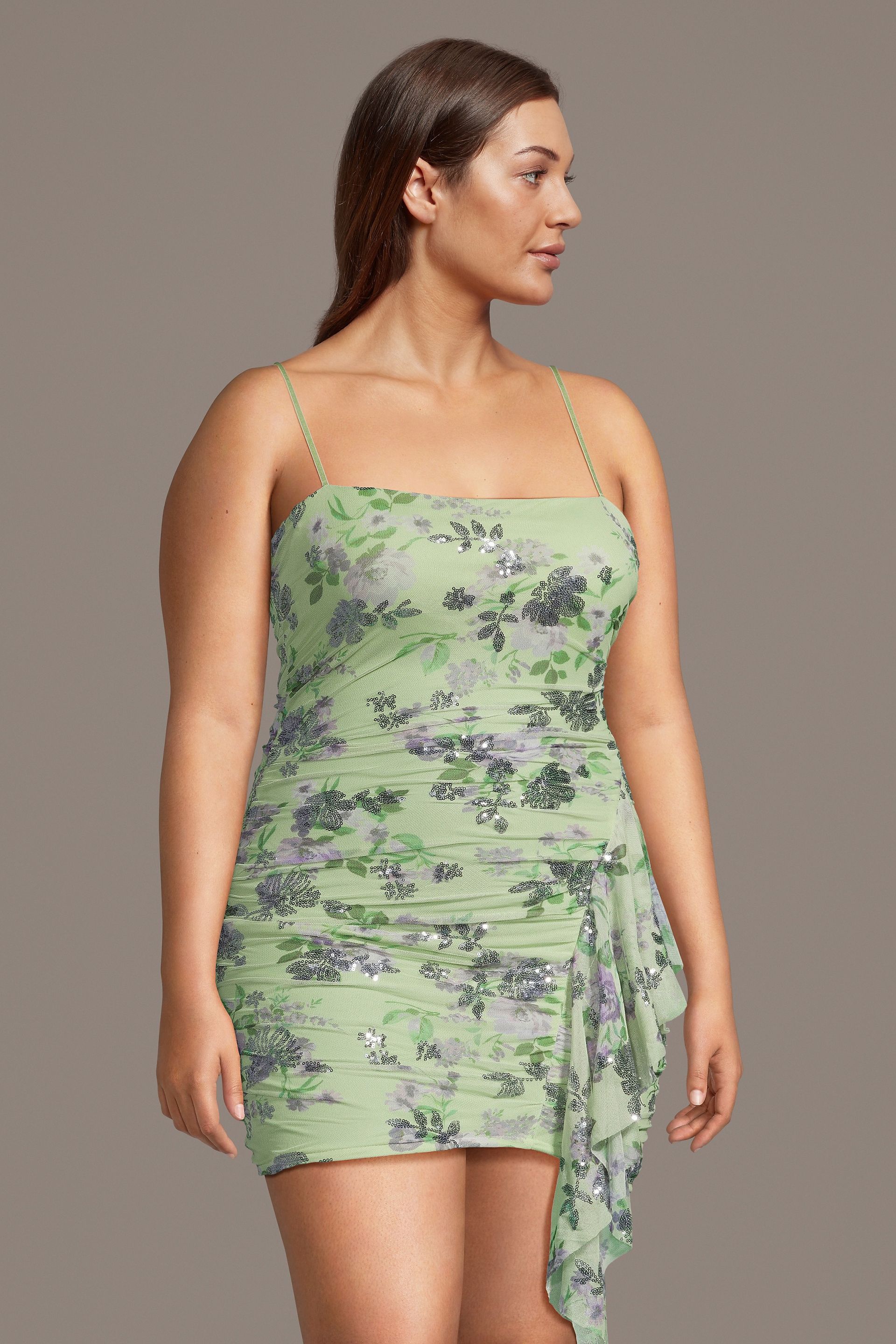 Picture of Sequin Floral Mesh Ruched Mini Dress