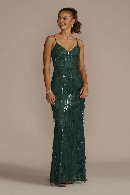 long sequin fringe dress Jovani 38847 Sequin Beaded Fringe Prom Dress Pageant Dress Slit V Neck Formal Gown 22 / Blue/Silver