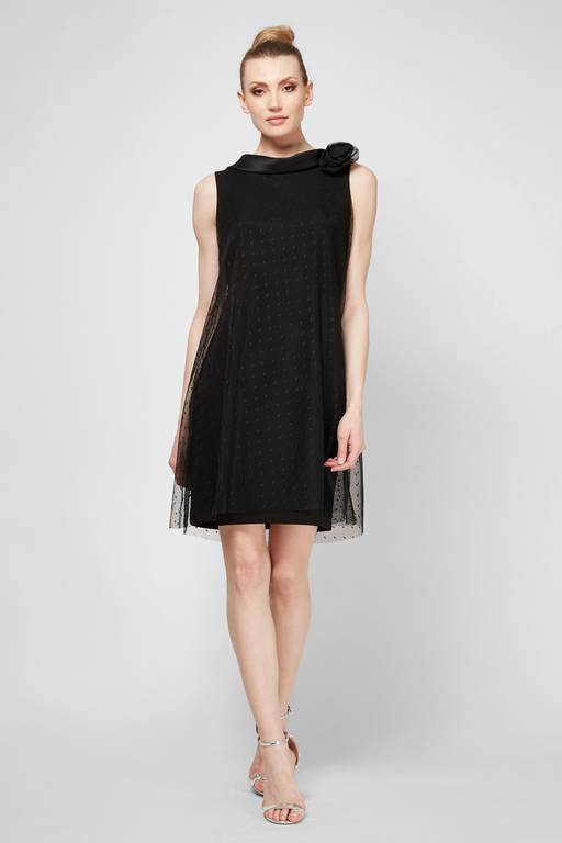 short dress with mesh overlay Mesh Overlay Short Dress with Satin Back Collar