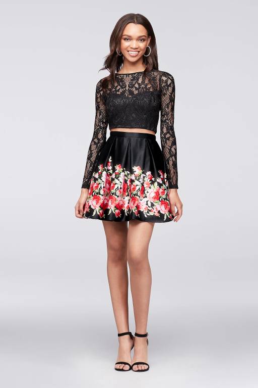 long sleeve lace top with floral skirt two piece dress Keep It Interesting Beige Sheer Sleeve Floral Lace Top & Skirt Set, Beige M