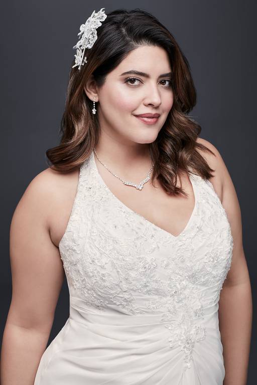 halter neck wedding dress plus size Ivory High Lace - Open Back Mermaid Wedding Dress with Floral Embroidery kkTurn every head with this nude backless halter neck wedding dress The dreamiest new lace halter-neck