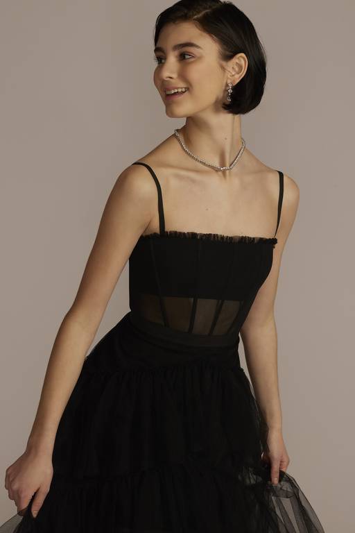 sheer mesh corset tiered a line dress Tiered Mesh Corset Prom Dress