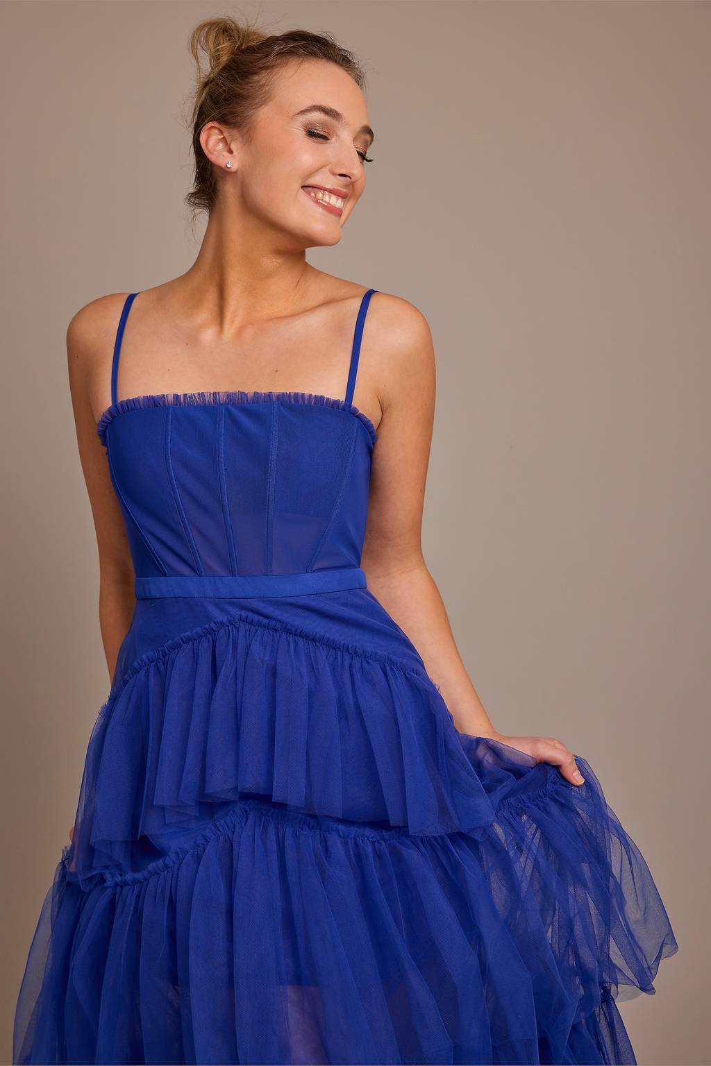 sheer mesh corset tiered a line dress Tiered Mesh Corset Prom Dress