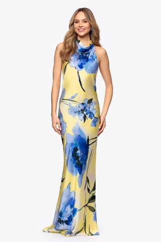 View Betsy and Adam Draped Floral Print Charmeuse High Neck Dress in all available color and sizes Picture of Draped Floral Print Charmeuse High Neck Dress
