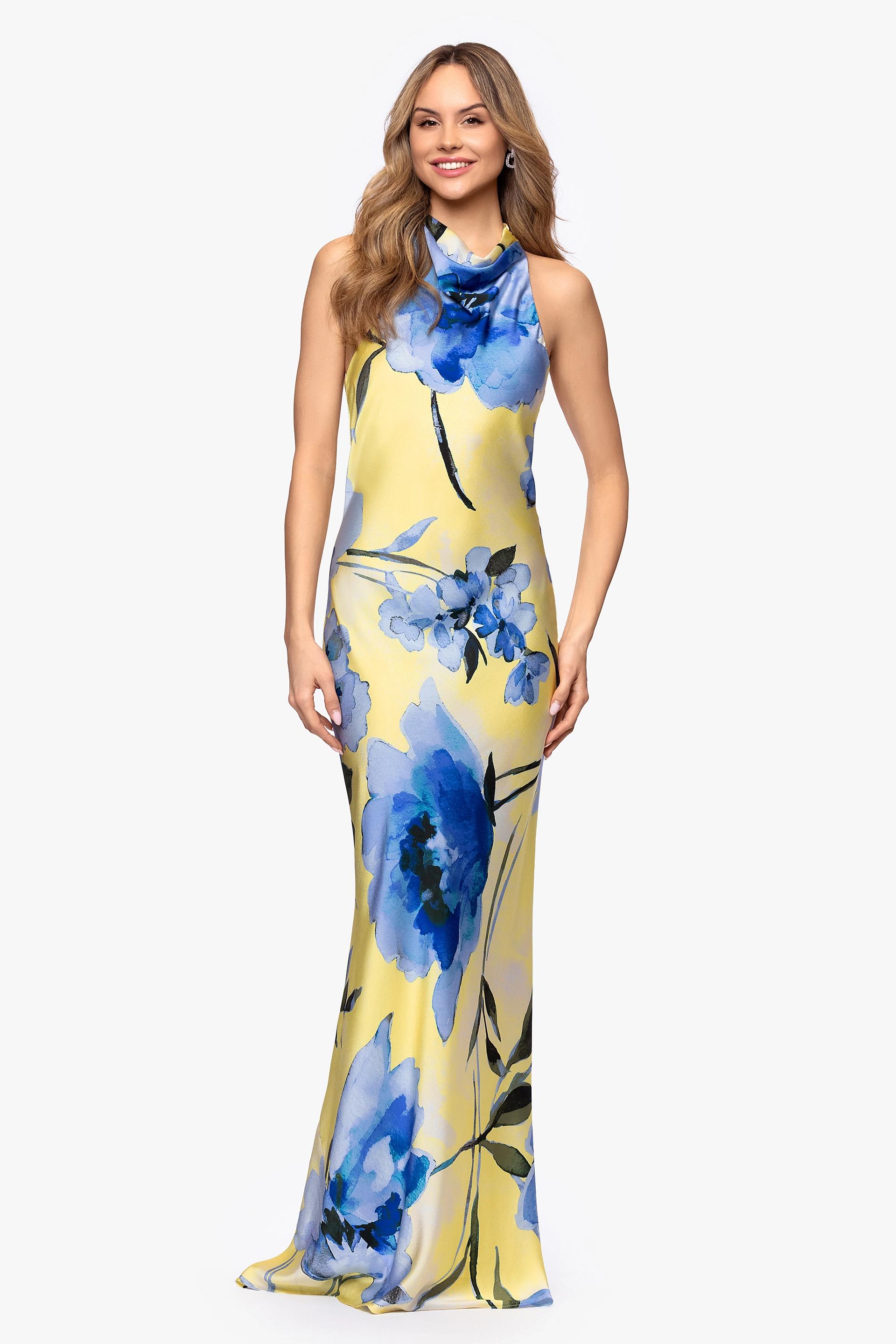 Picture of Draped Floral Print Charmeuse High Neck Dress