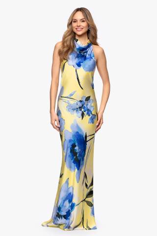 Picture of Draped Floral Print Charmeuse High Neck Dress