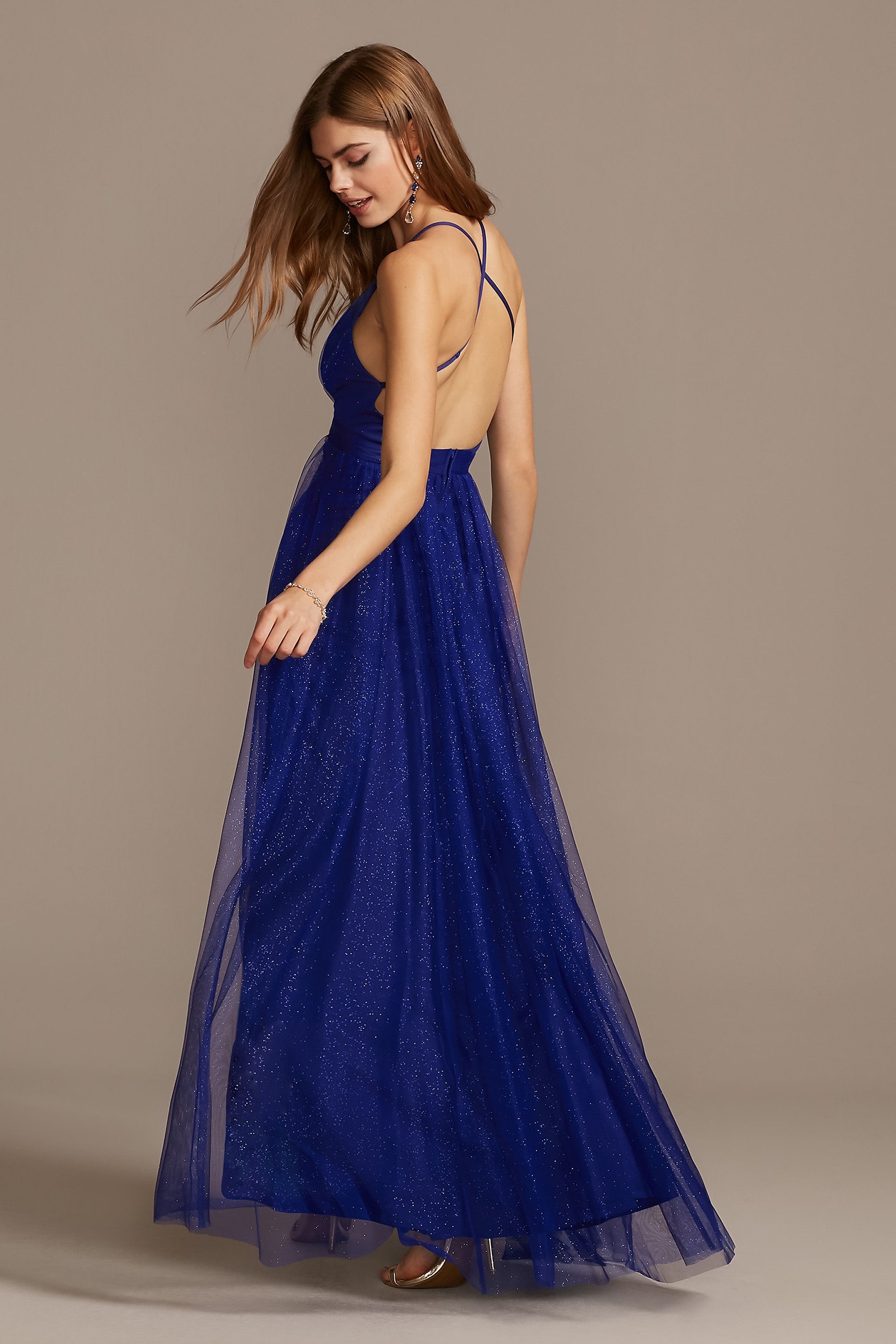 Pleated Bodice Gown with Glitter Tulle Overlay | David's Bridal