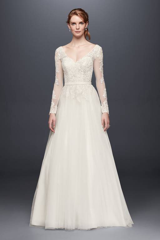 david's bridal long sleeve wedding dress with low back 24 David's Bridal  Long Sleeve Wedding Dress(New : with tag)