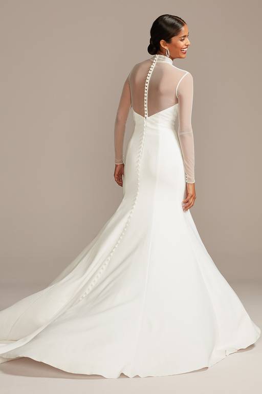illusion long sleeve high neck crepe wedding dress Fit-and-Flare Bridal Gown with Illusion Neckline and Long Sleeves
