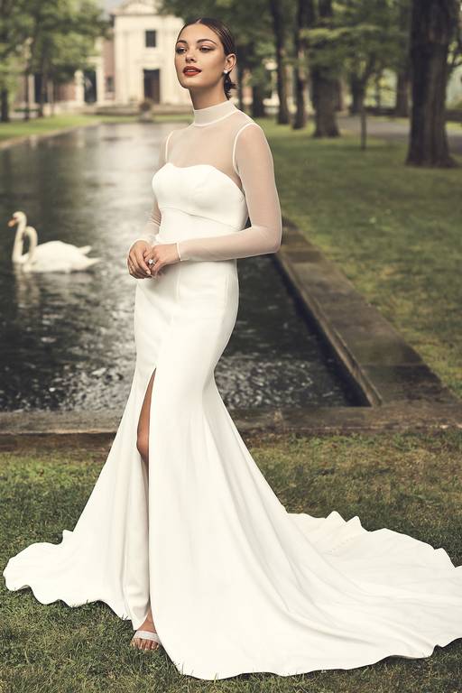 illusion long sleeve high neck crepe wedding dress As Is High Neck Long Sleeve Illusion Wedding Dress