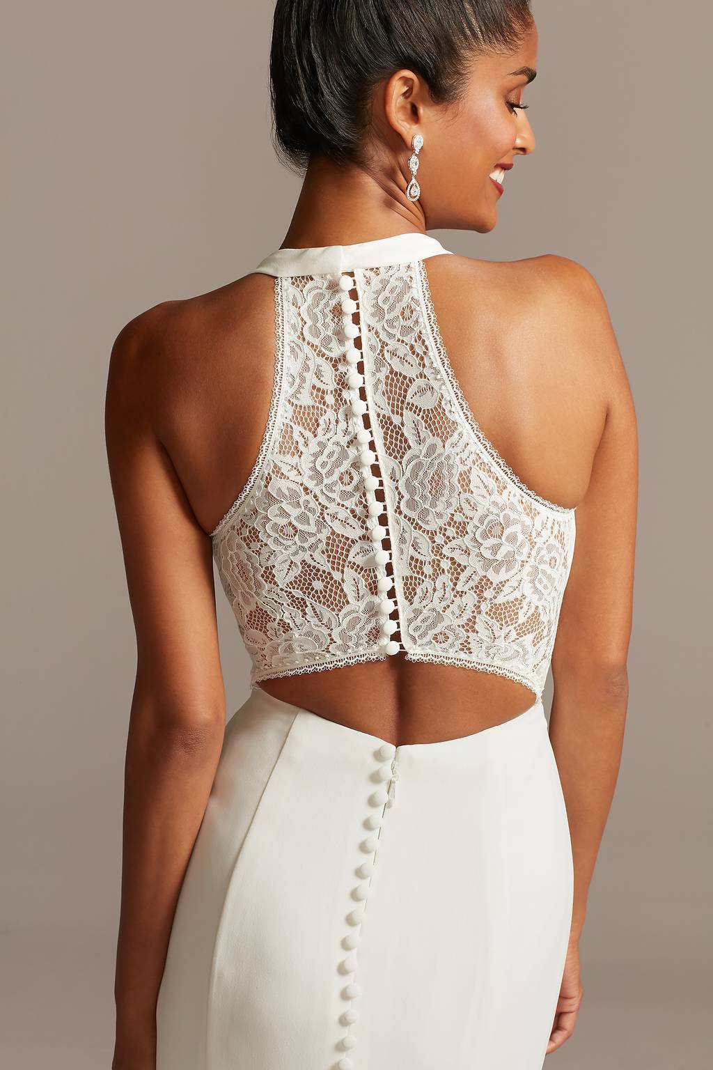 sheer back crepe wedding dress with lace train Crepe Mermaid Wedding Dress with Lace Panel Train
