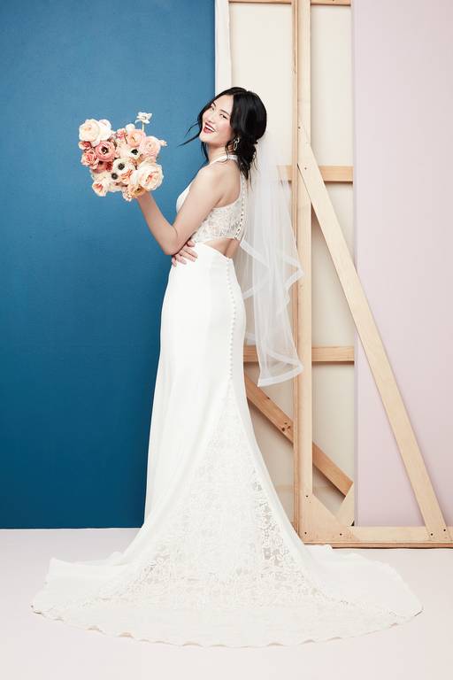 sheer back crepe wedding dress with lace train 66338: Crepe Fit and Flare with Scoop Back and Cathedral Length Sheer Train