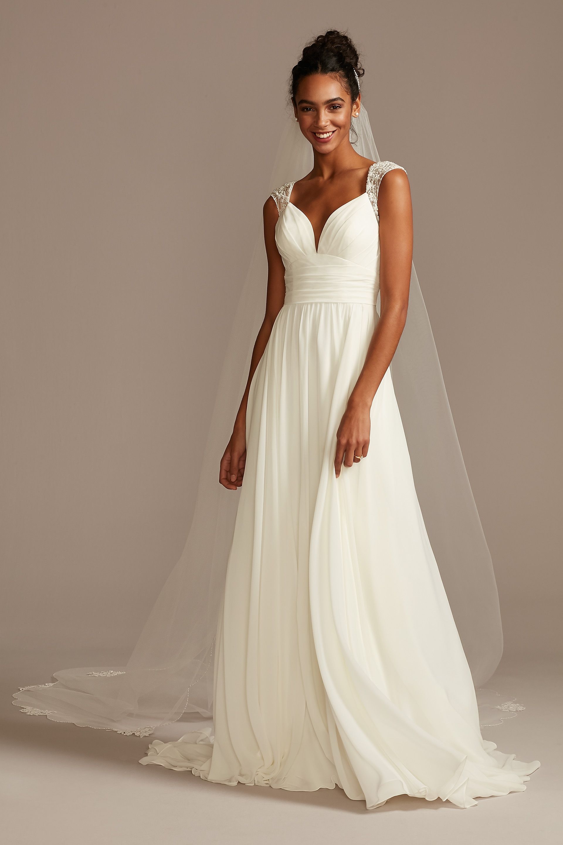 david's bridal chiffon wedding dress Beaded Keyhole Back Chiffon Wedding Dress