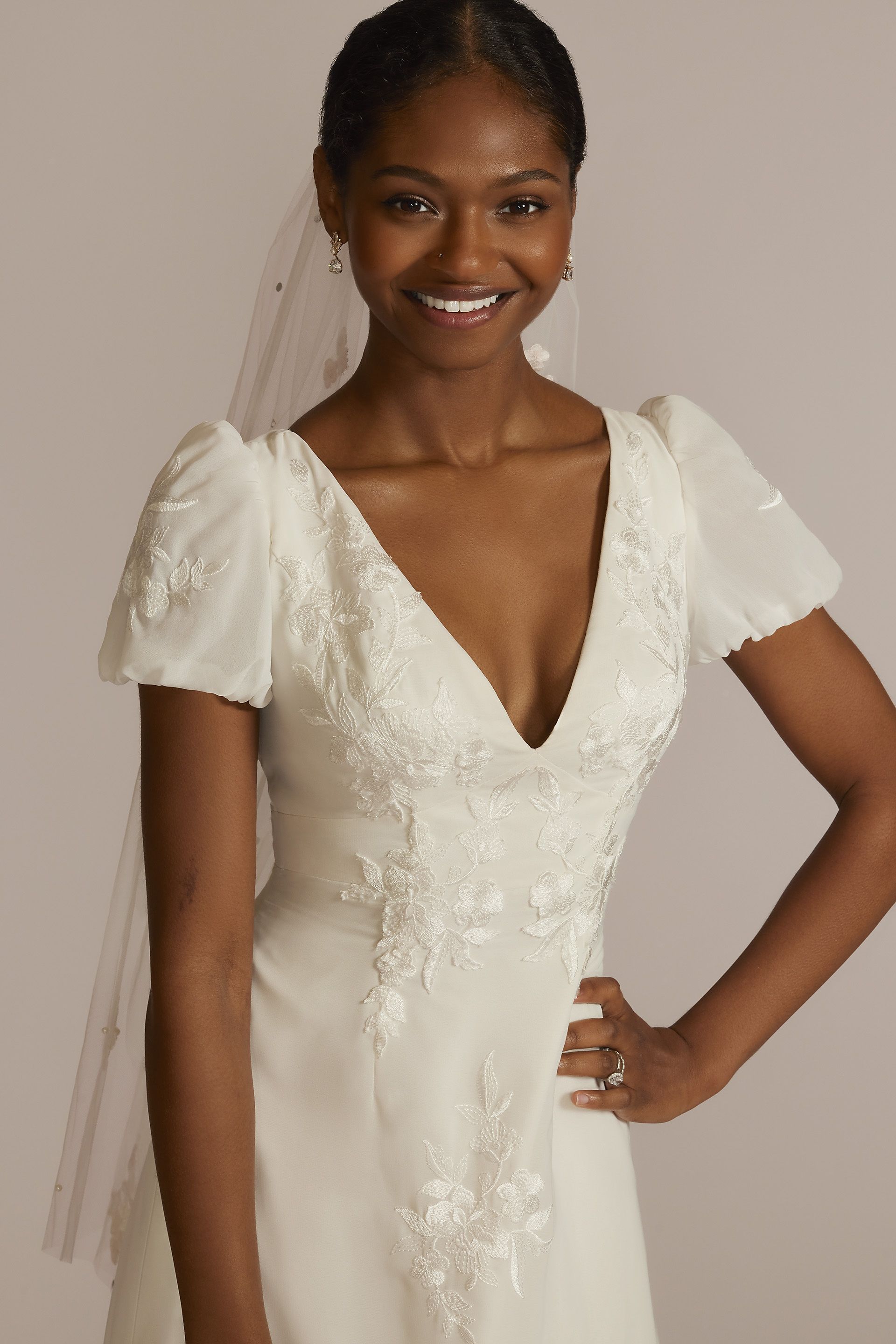 Floral Applique Puff Sleeve V-Neck Wedding Gown | David's Bridal