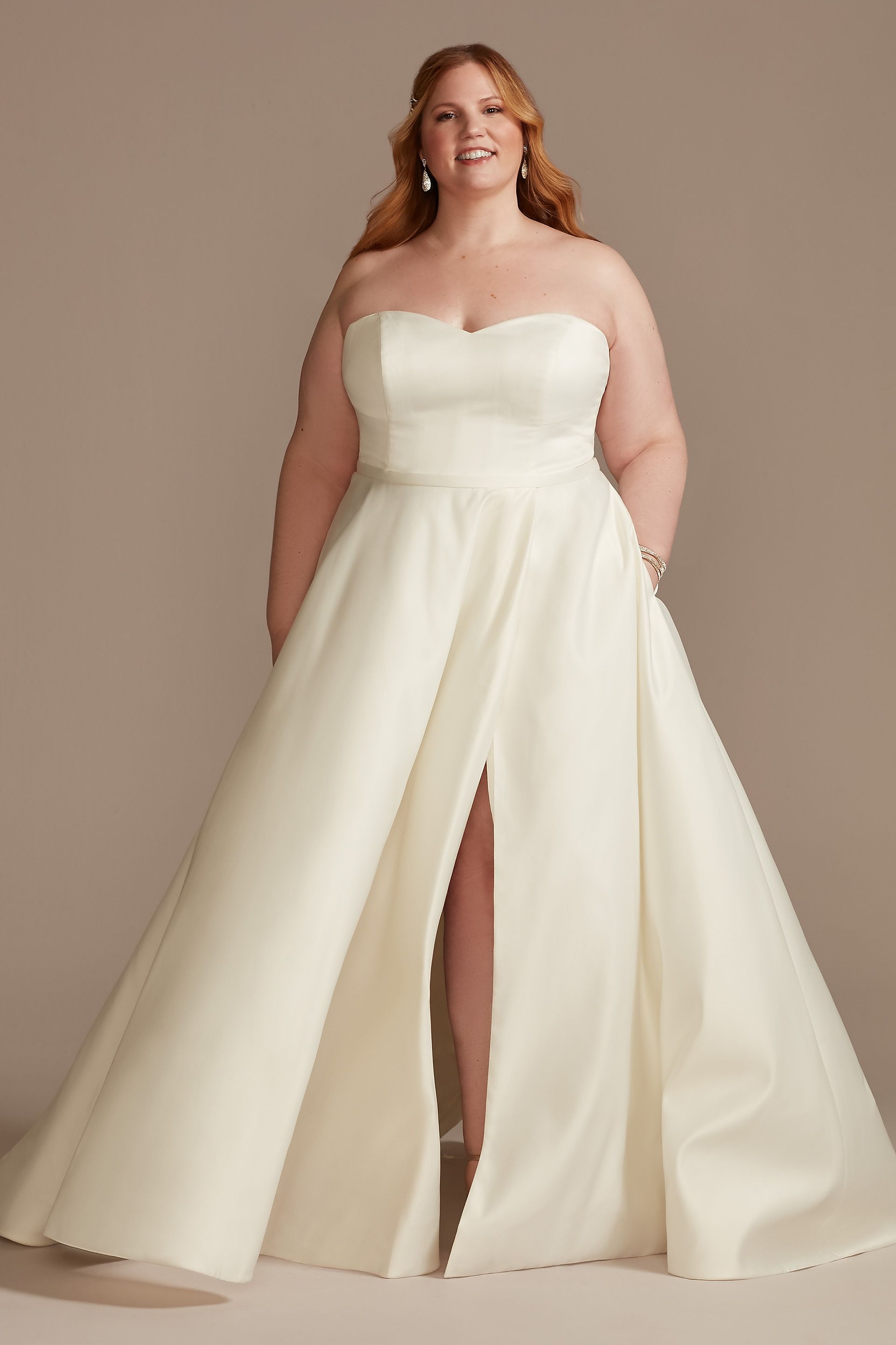 As Is Strapless Plus Satin Wedding Dress With Slit in Ivory Size: 26W David's Bridal