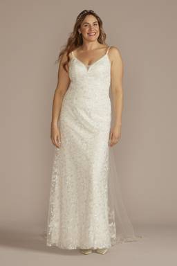 db studio sequin floral a line spaghetti strap wedding dress As Is Sequin Wedding Dress with Removable Train