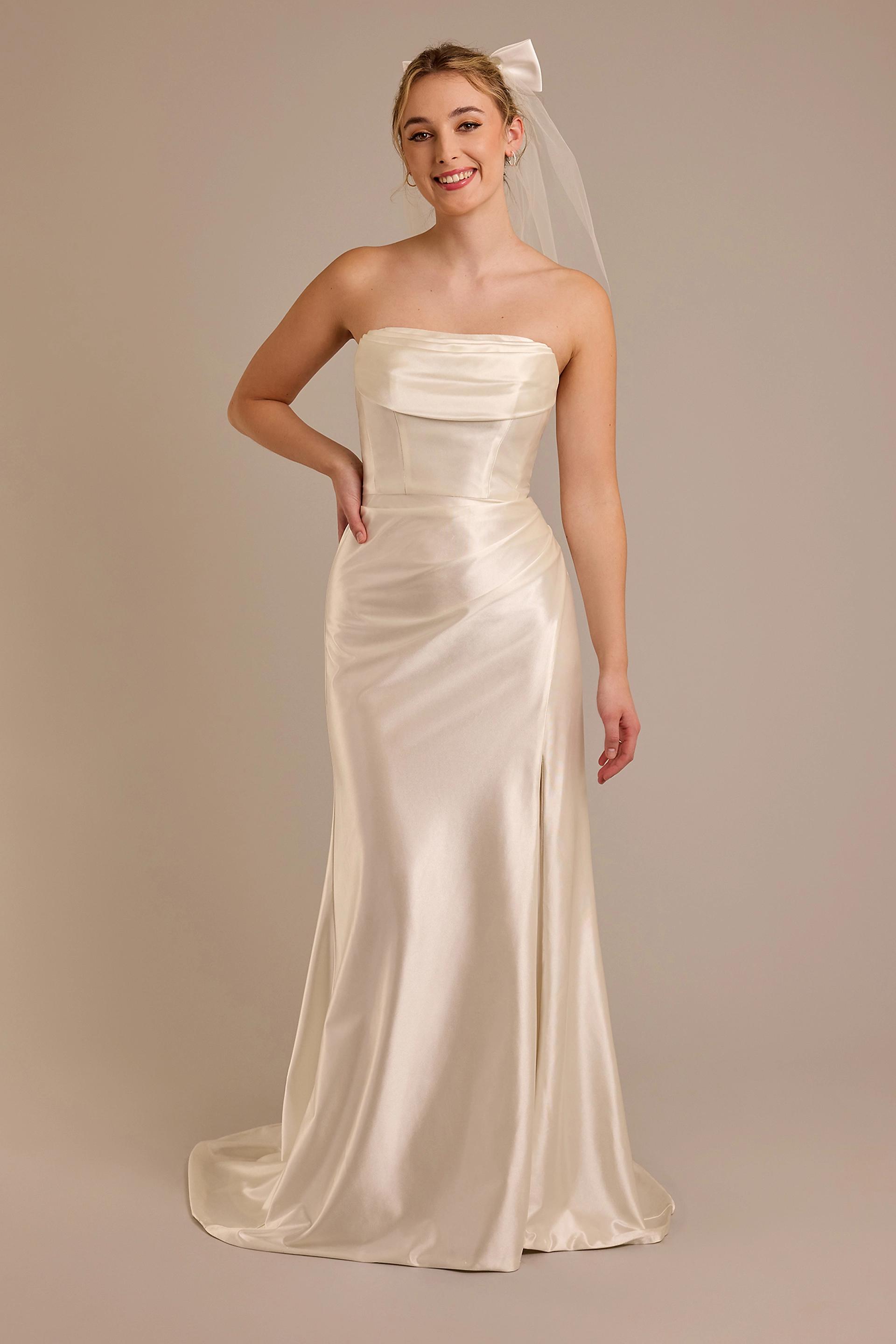 ivory satin mermaid wedding dress ZAPAKA Women Simple Ivory Satin Wedding Dress Halter Backless Sleeveless Sweep Train Bridal Dress, Ivory / AU12