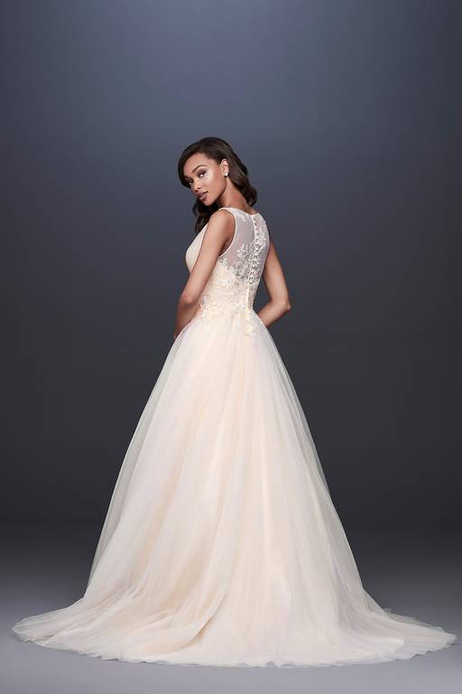 appliqued glitter tulle a line wedding dress Davinci Bridal 50699 A Line Ballgown 3D Lace Wedding Dress Shimmer Tulle Bridal Gown 8 / Ivory/Ivory