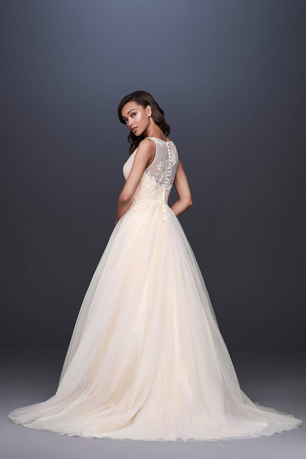 appliqued glitter tulle a line wedding dress Glitter Sexy Tulle Wedding Dresses V-neck A-Line Lace Applique Long Bridal Gowns