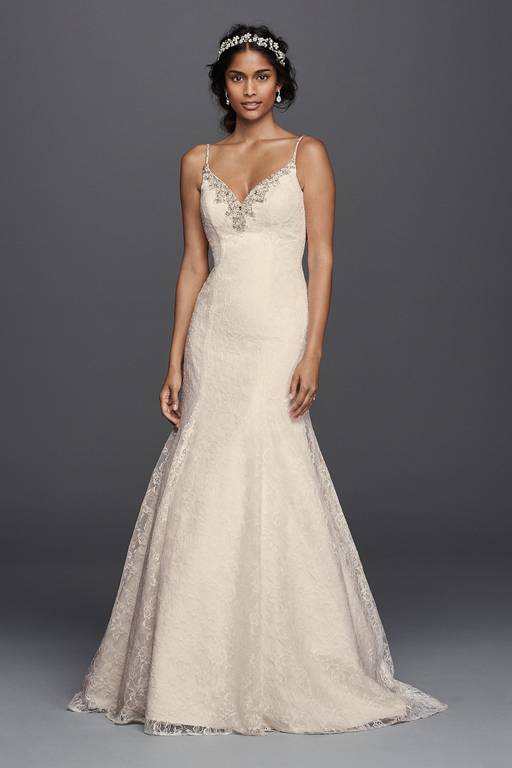 all over beaded lace trumpet wedding dress Beaded Lace Tulle Ruffled Trumpet Wedding Dress