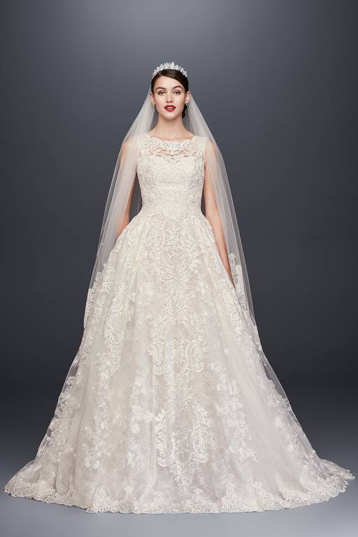 oleg cassini beaded lace wedding dress with pleated skirt Beaded Lace Wedding Dress with Pleated Skirt