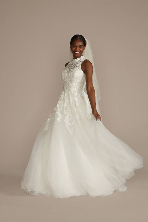 embroidered lace applique ball gown wedding dress Floral Lace Ball Gown Wedding Dress, Off-Shoulder Tulle