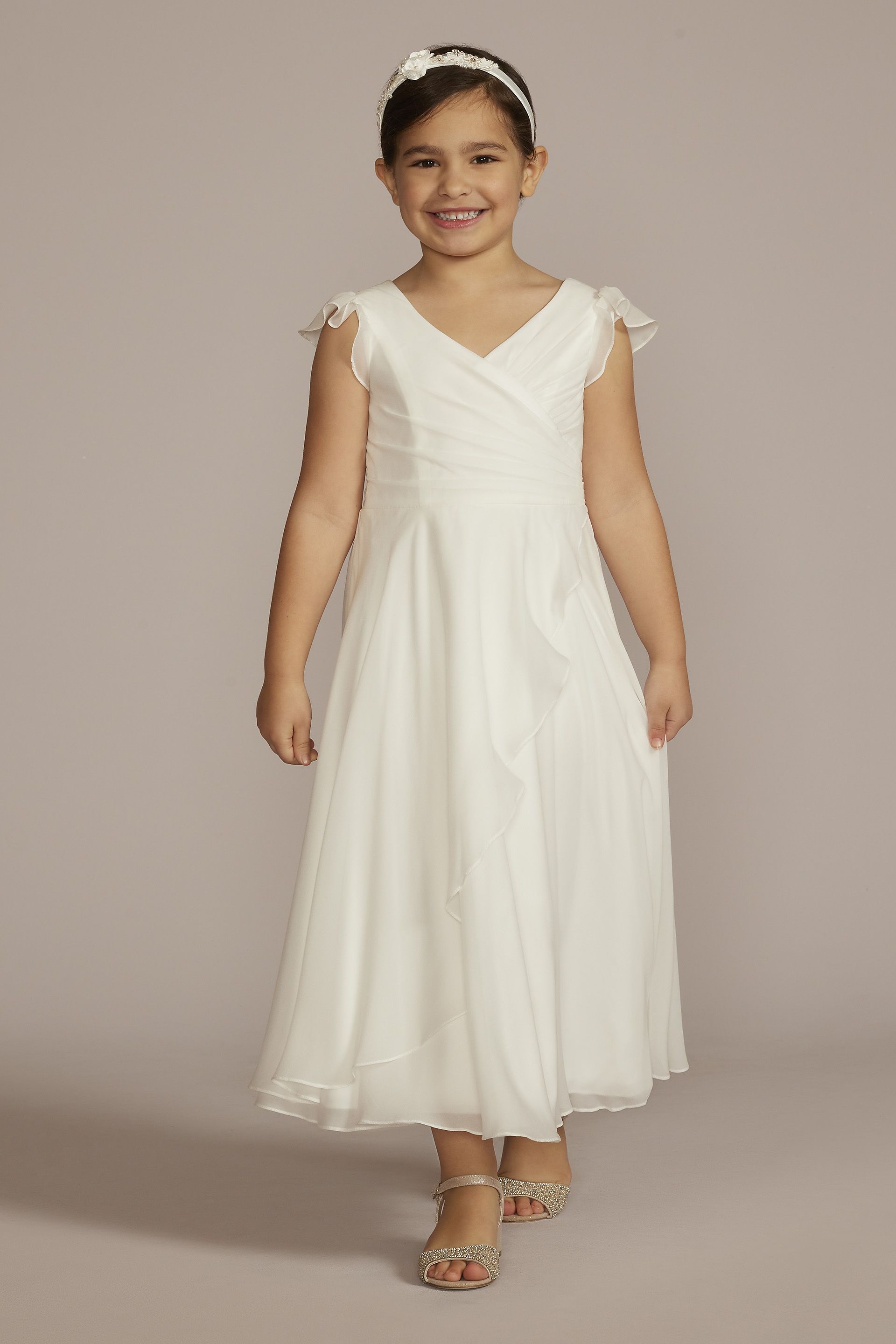As Is Flutter Sleeve Chiffon Flower Girl Dress in Soft White Size: 6 David's Bridal