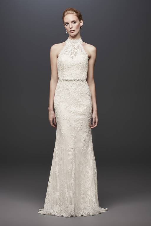 lace high neck halter sheath wedding dress Ivory High Neck Halter Lace Wedding Dress - Open Back Mermaid Wedding Dress with Floral Embroidery Plus Size