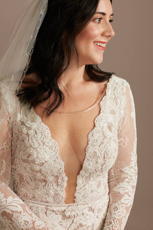 melissa sweet illusion plunge long sleeve lace wedding dress As Is Plunge Long Sleeve Wedding Dress