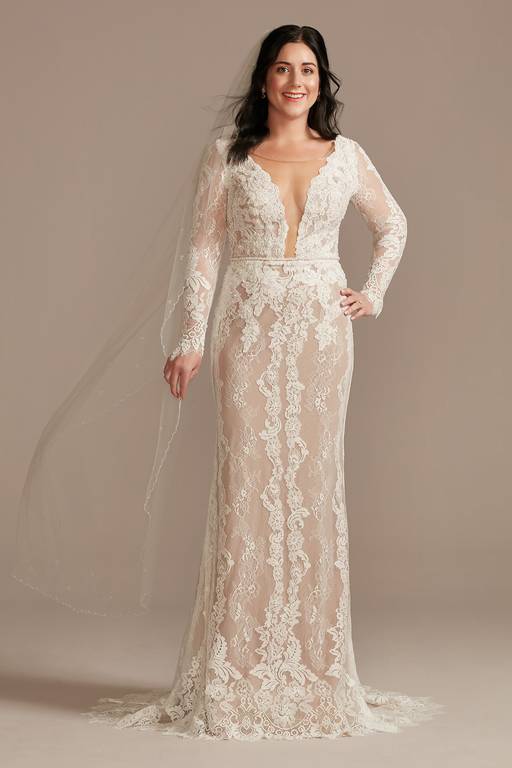 david's bridal long sleeve wedding dress with low back As Is Plunge Long Sleeve Wedding Dress