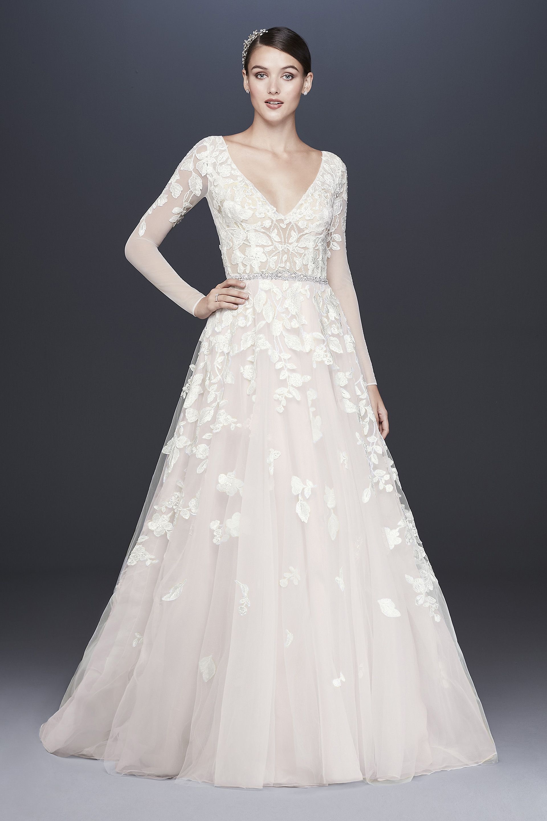 As - Is Illusion Sleeve Ball Gown Wedding Dress in Ivory/Cashmere Size: 6 David's Bridal