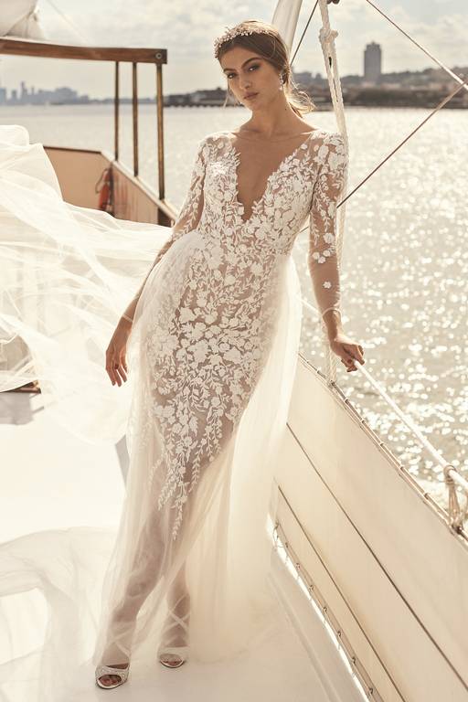 embroidered floral illusion bodysuit wedding dress galina signature As Is Embroidered Illusion Bodysuit Wedding Dress
