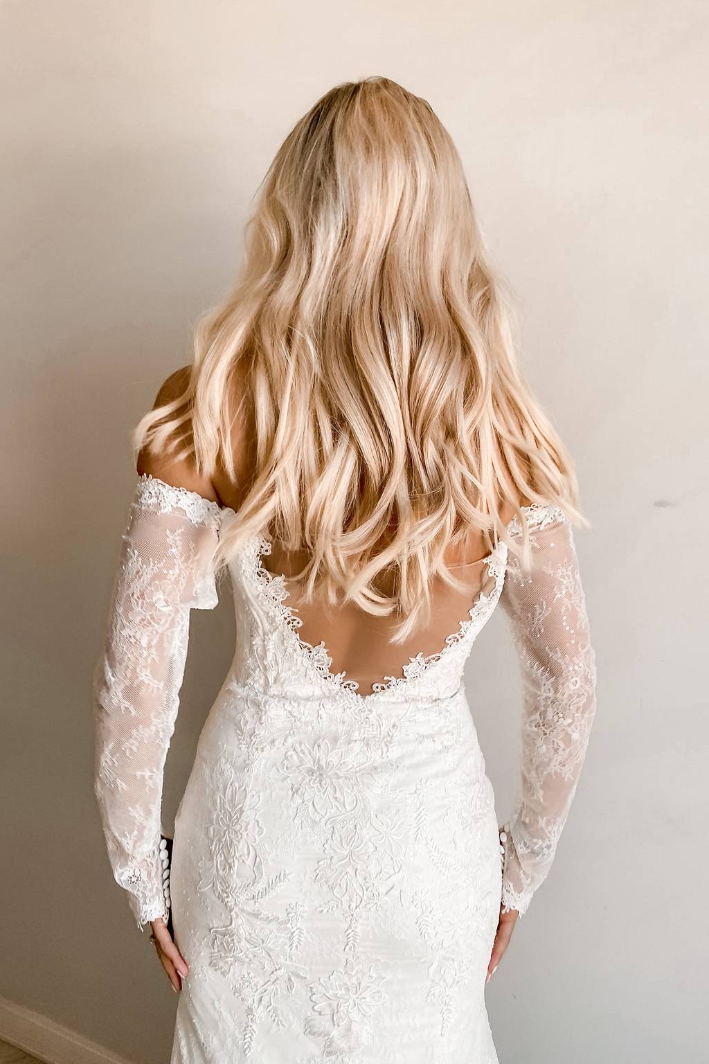 long sleeve off shoulder sequin lace wedding dress Monique Off-Shoulder Long Sleeve A-line Lace Gown