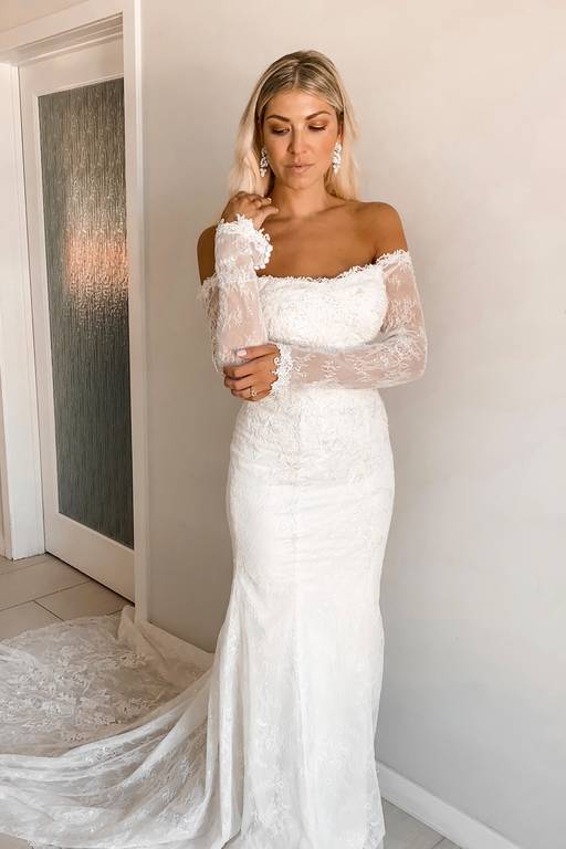 long sleeve off shoulder sequin lace wedding dress white long sleeve mermaid wedding dress Sparkly Mermaid Off the Shoulder  Long Sleeves Sequins Wedding Dresses AB081910  Anniebride