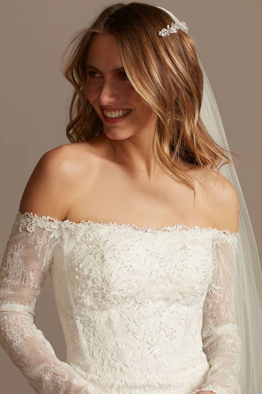 galina signature long sleeve off shoulder sequin lace wedding dress Galina Signature, SWG820 Used Wedding Dress Save 43%