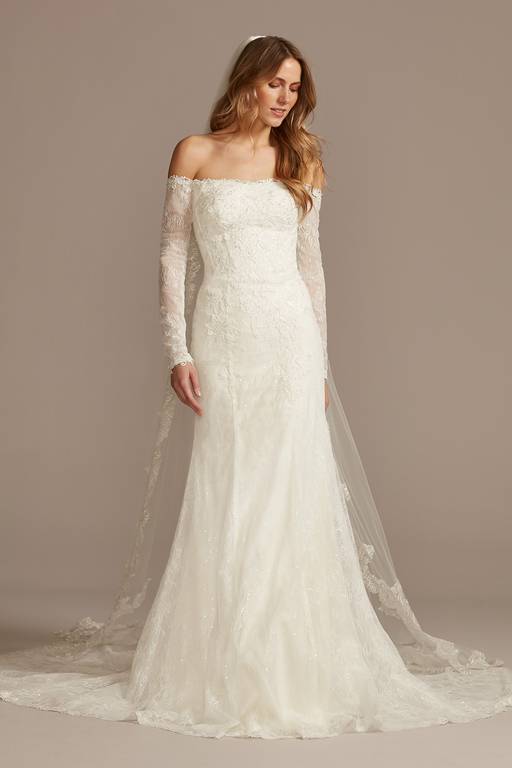 galina signature long sleeve off shoulder sequin lace wedding dress Long Sleeve Off Shoulder Sequin Lace Wedding Dress