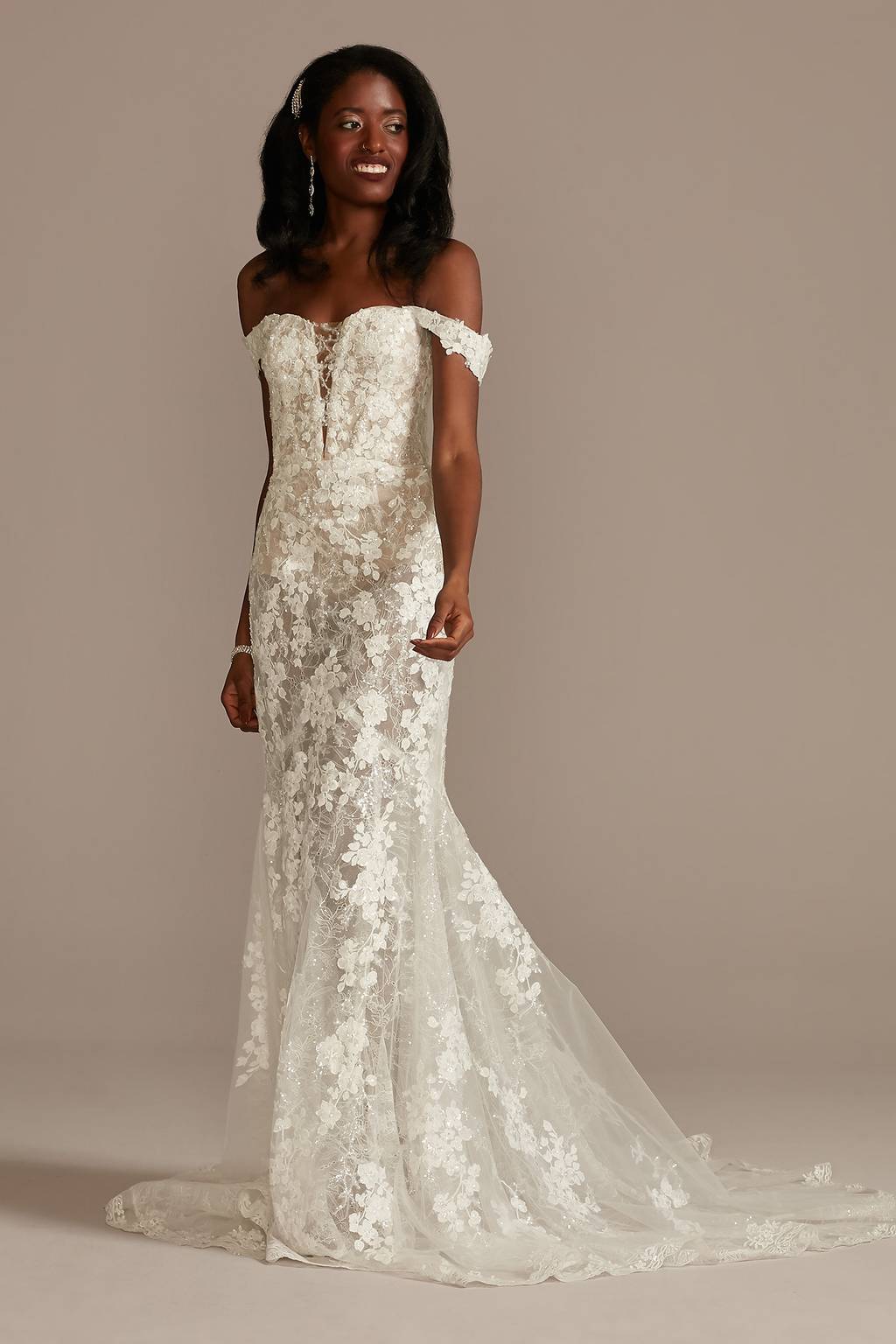 sheer beaded bodice lace wedding dress galina signature Galina Signature by David's Bridal Wedding Dresses